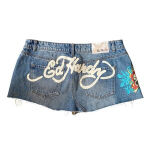 Y2K Ed Hardy Denim Micro Mini Low Rise Blue Jean Skirt XL Tattoo Skull Grunge